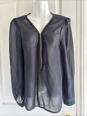Sheer Black Long-Sleeve Zip Front Blouse